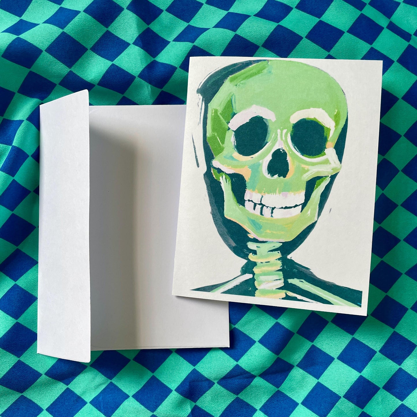 Set of 4 Bright Neon Green Skeleton Greeting Cards