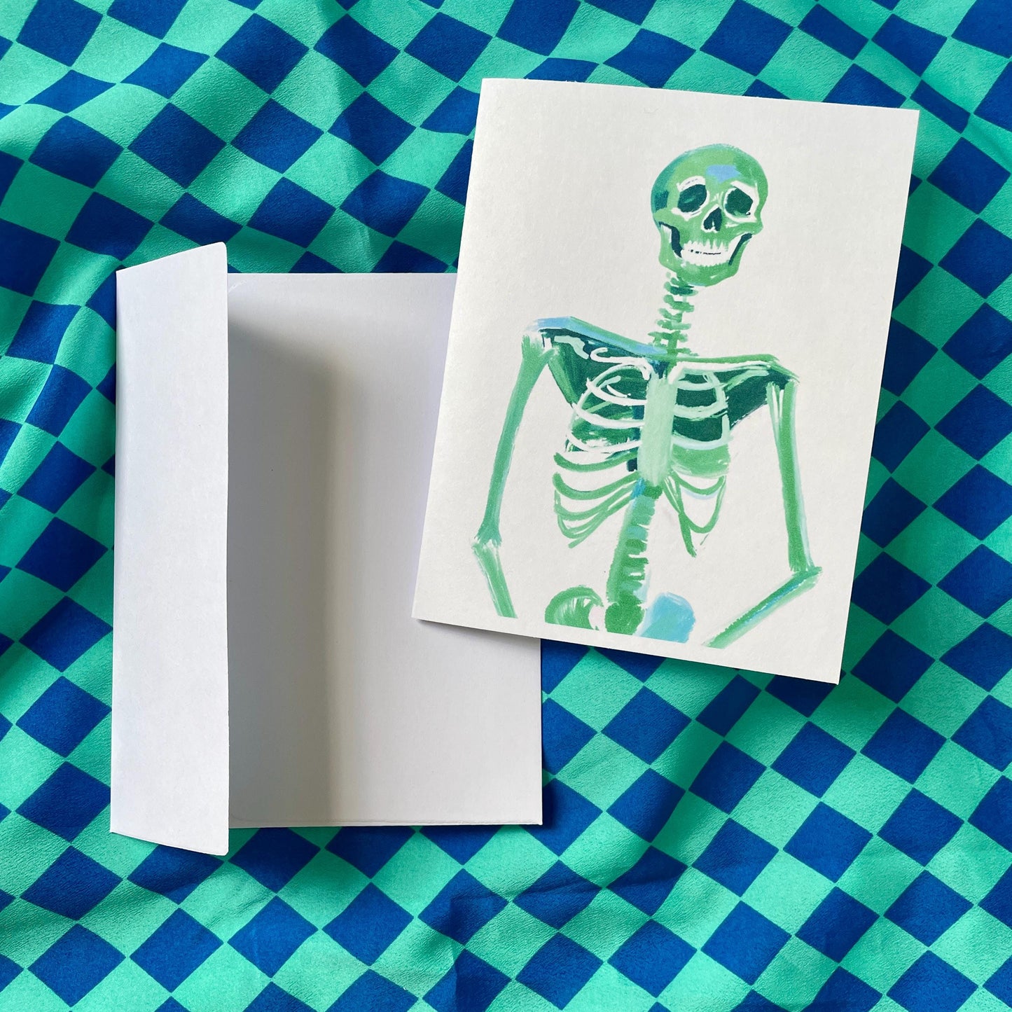 Set of 4 Bright Neon Green Skeleton Greeting Cards