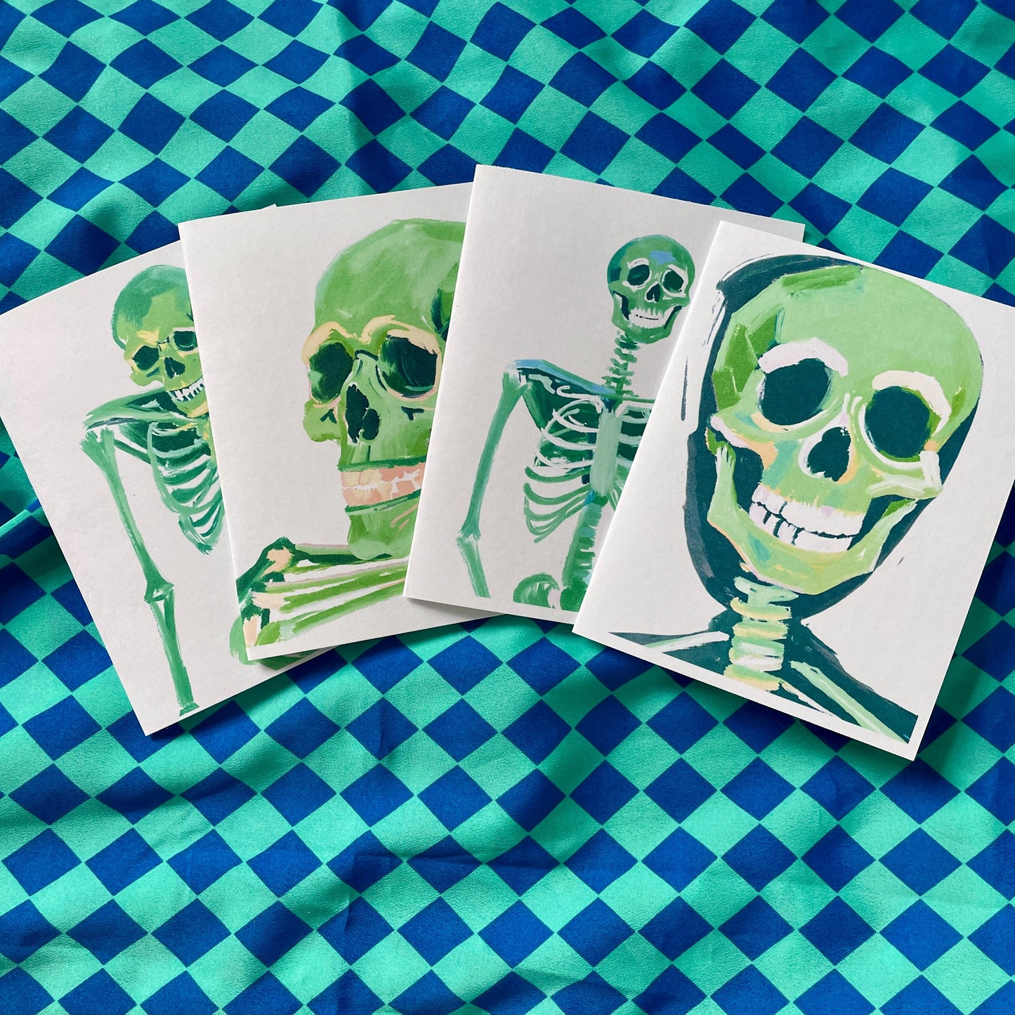Set of 4 Bright Neon Green Skeleton Greeting Cards