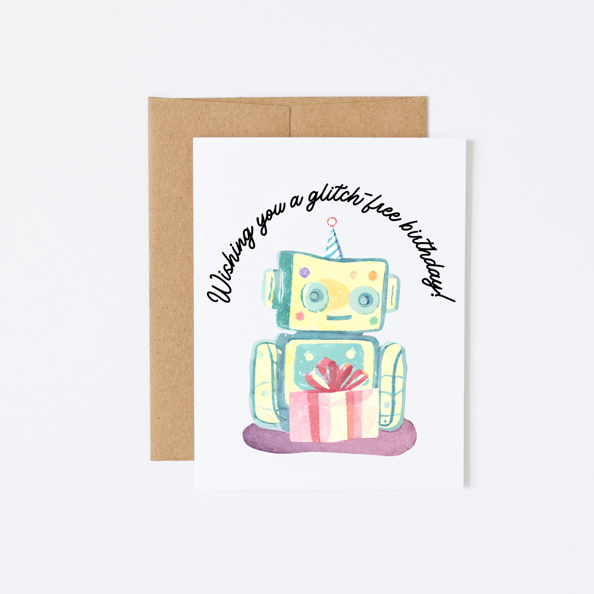 Robot “Wishing you a glitch-free birthday” happy birthday card