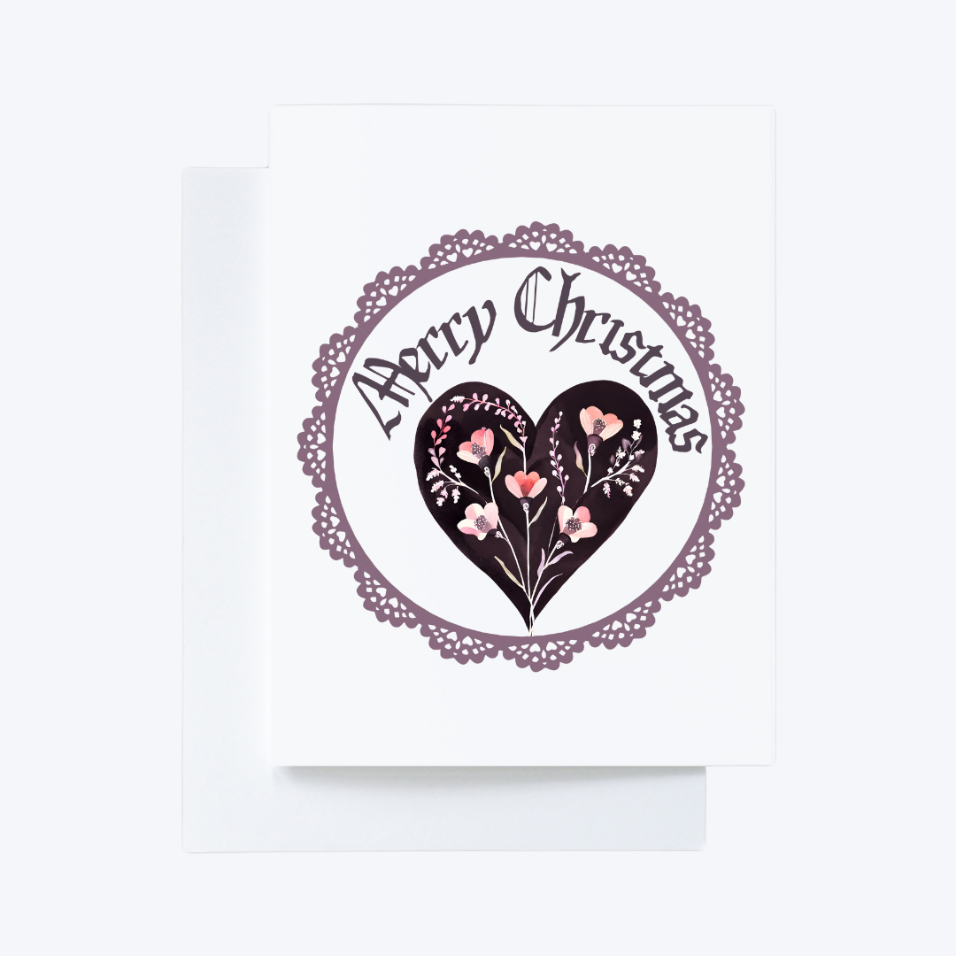 20 Merry Christmas Purple Floral Heart Cards