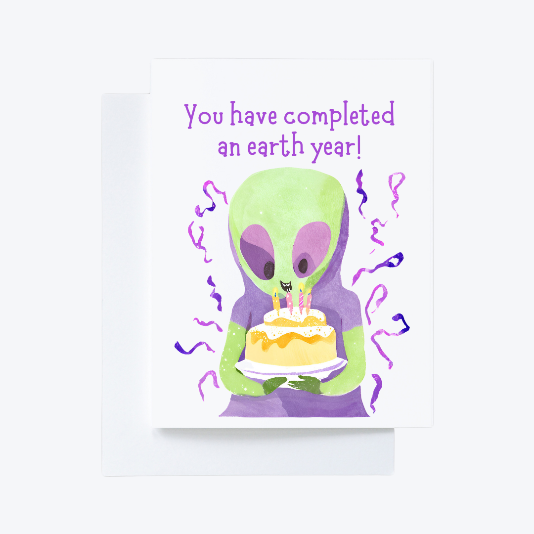 “You have completed an Earth year!” Alien Birthday Cake Card