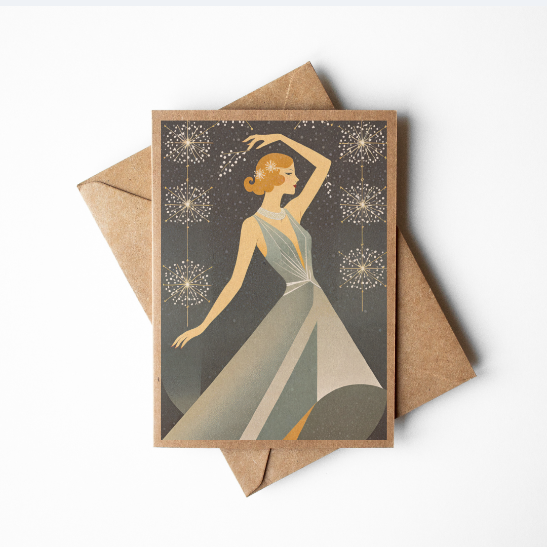 Brown Kraft Paper Vintage Art Deco Style Woman Snow Scene Christmas Card