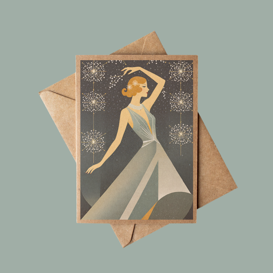 Brown Kraft Paper Vintage Art Deco Style Woman Snow Scene Christmas Card
