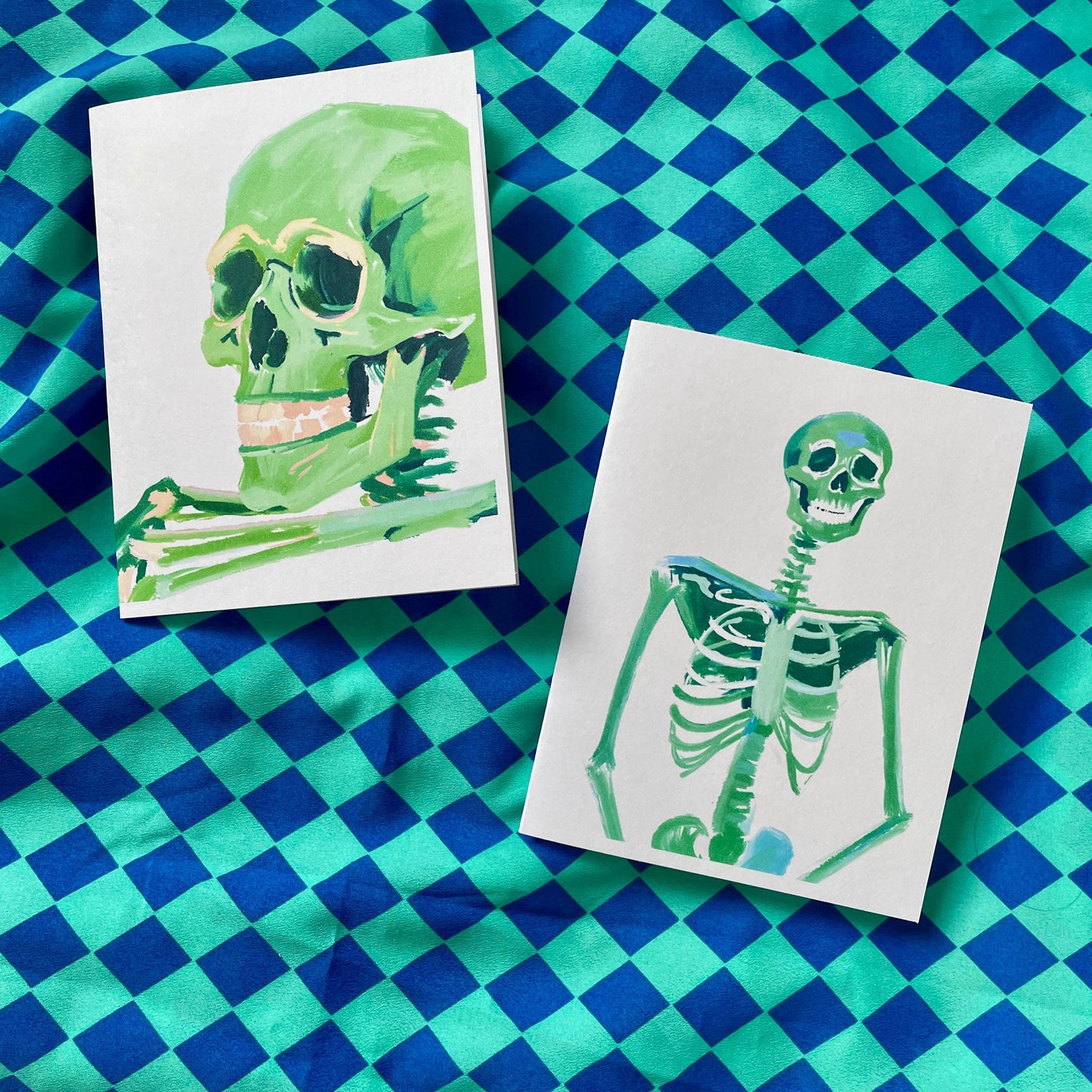Set of 4 Bright Neon Green Skeleton Greeting Cards