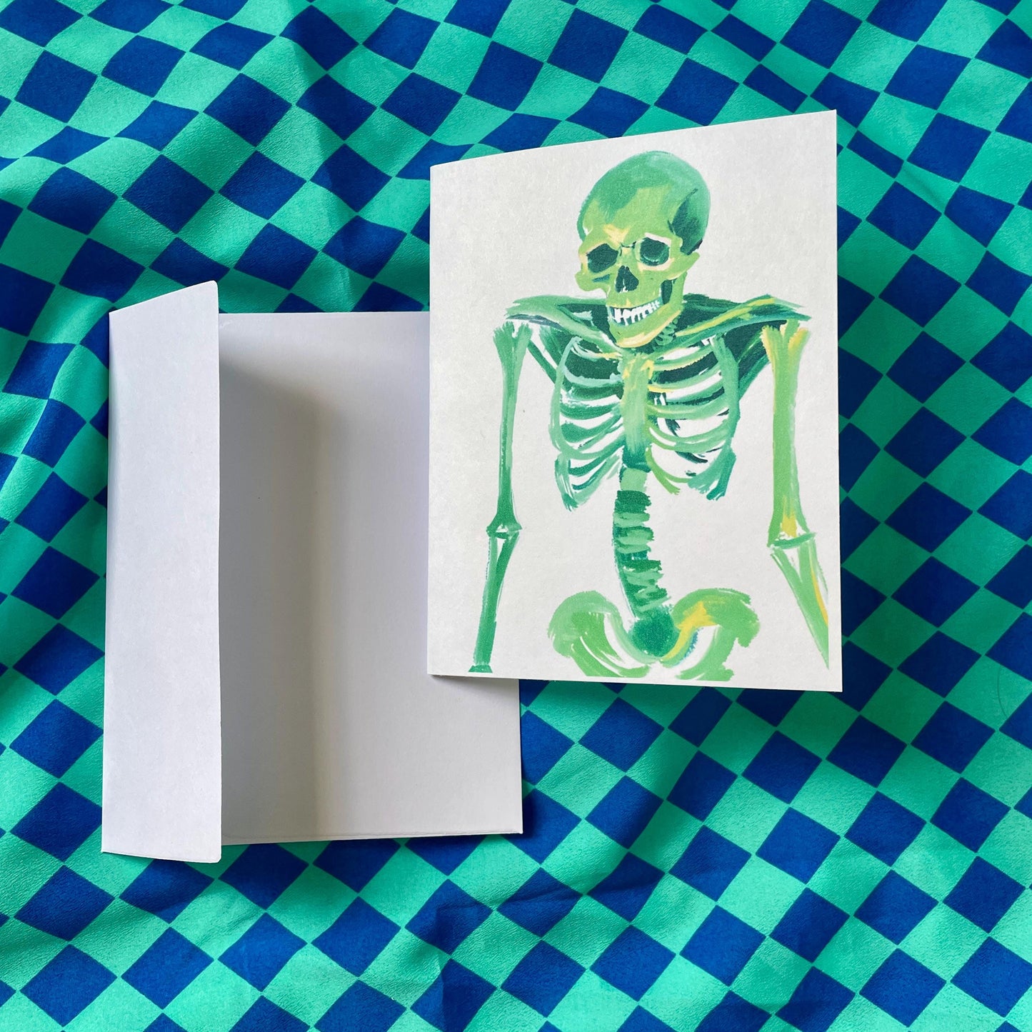 Set of 4 Bright Neon Green Skeleton Greeting Cards