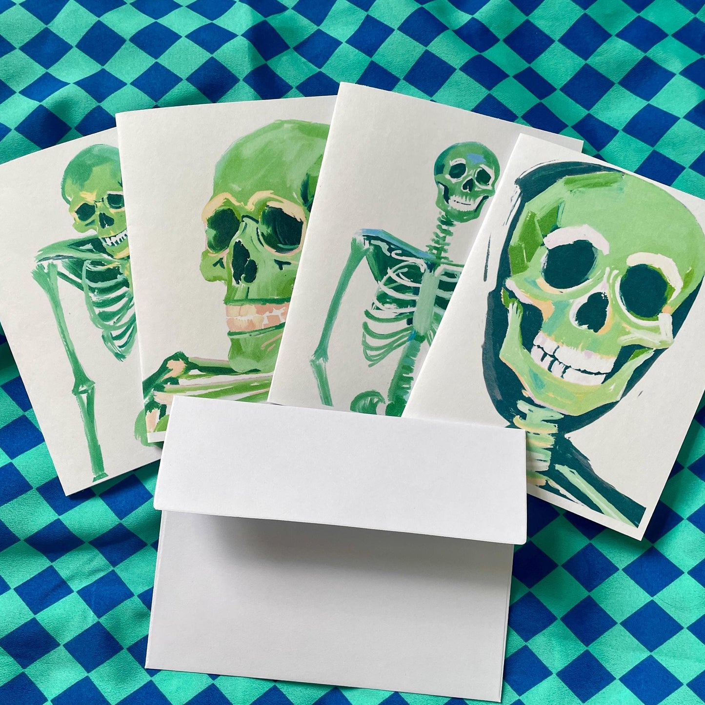 Set of 4 Bright Neon Green Skeleton Greeting Cards