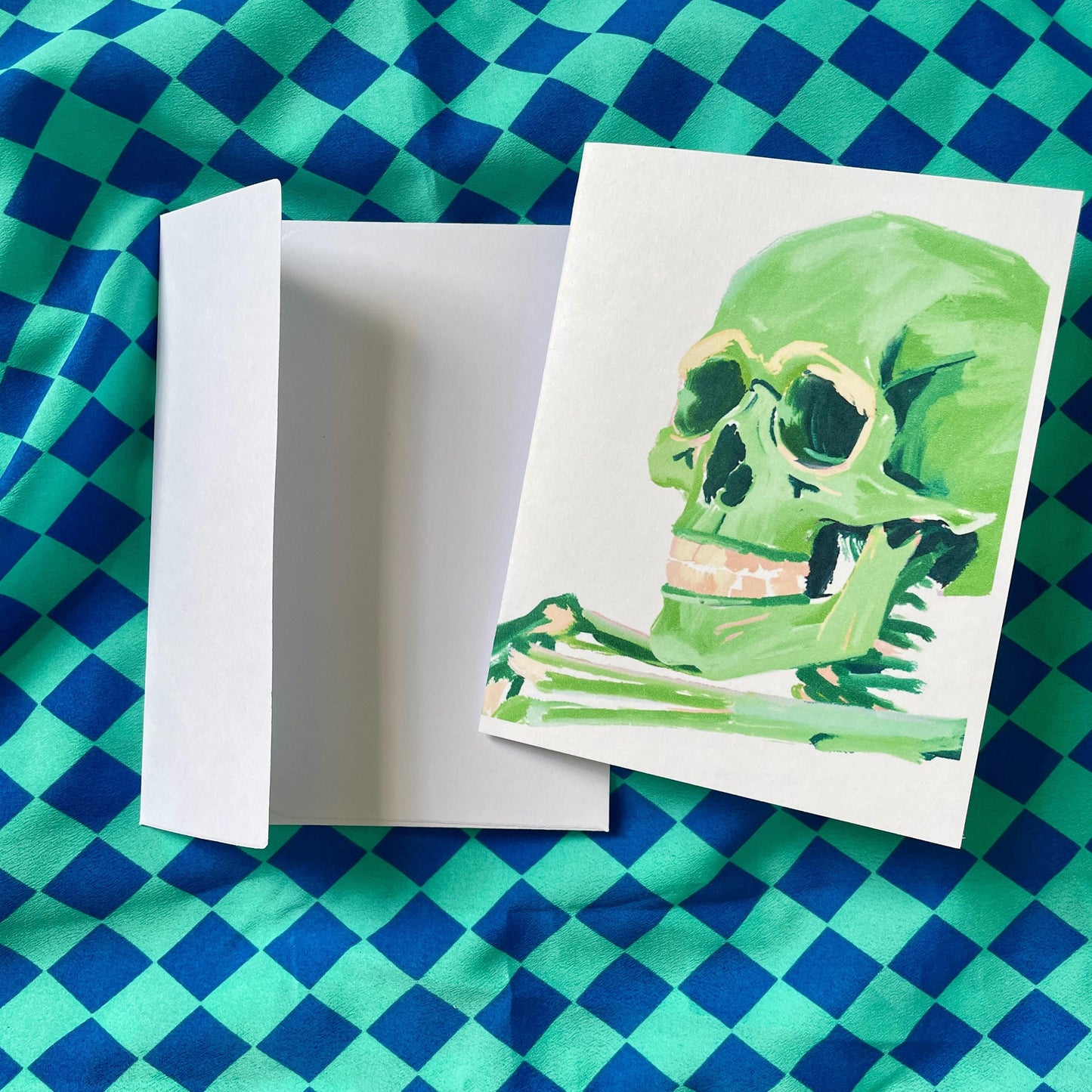 Set of 4 Bright Neon Green Skeleton Greeting Cards