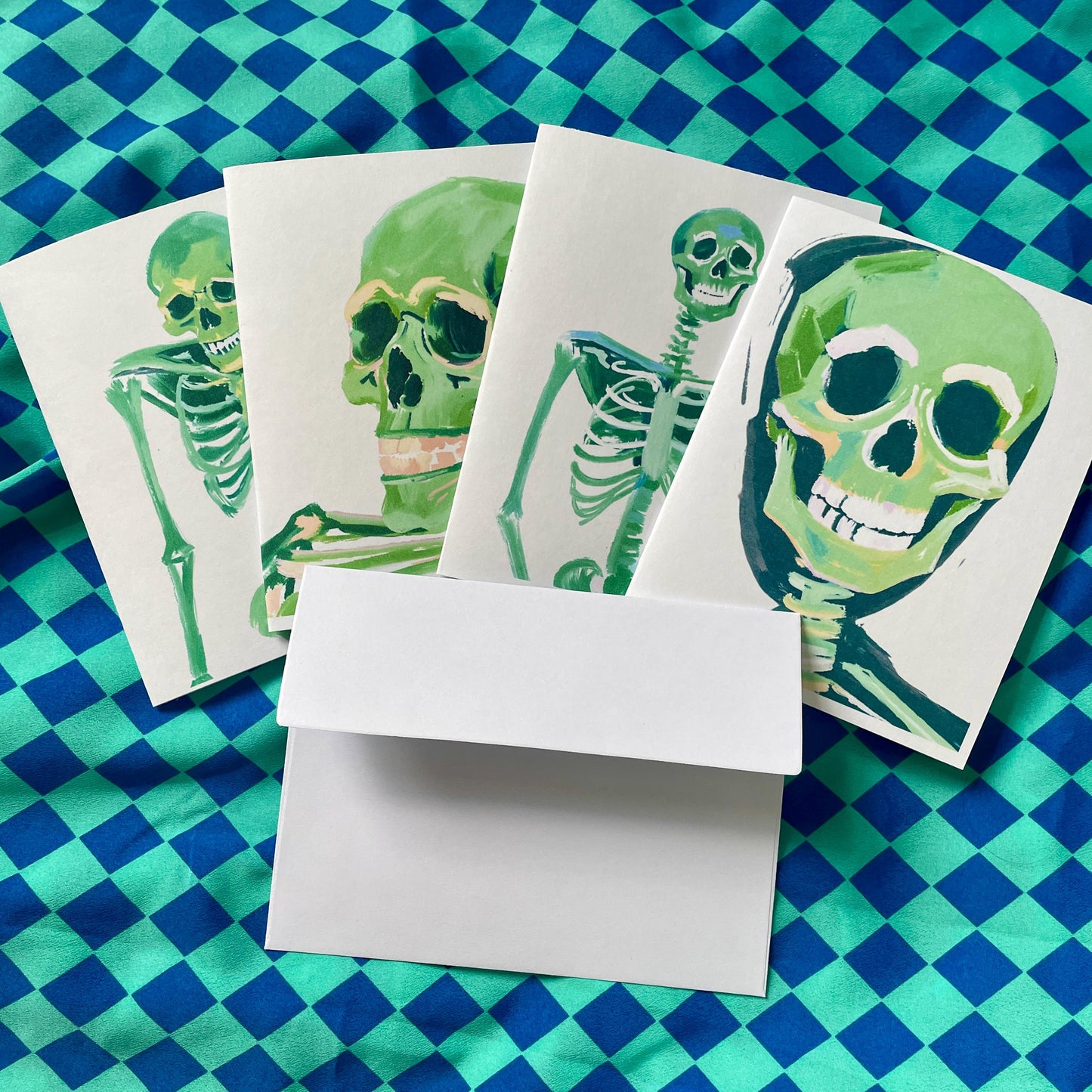 Set of 4  Bright Neon Green Skeleton Greeting Cards