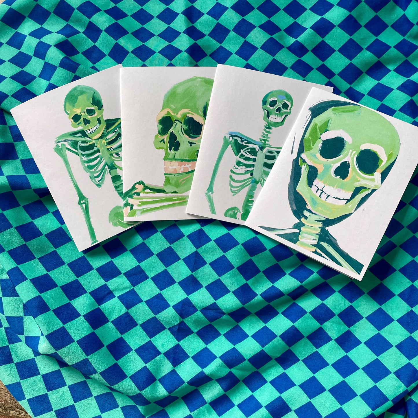 Set of 4  Bright Neon Green Skeleton Greeting Cards