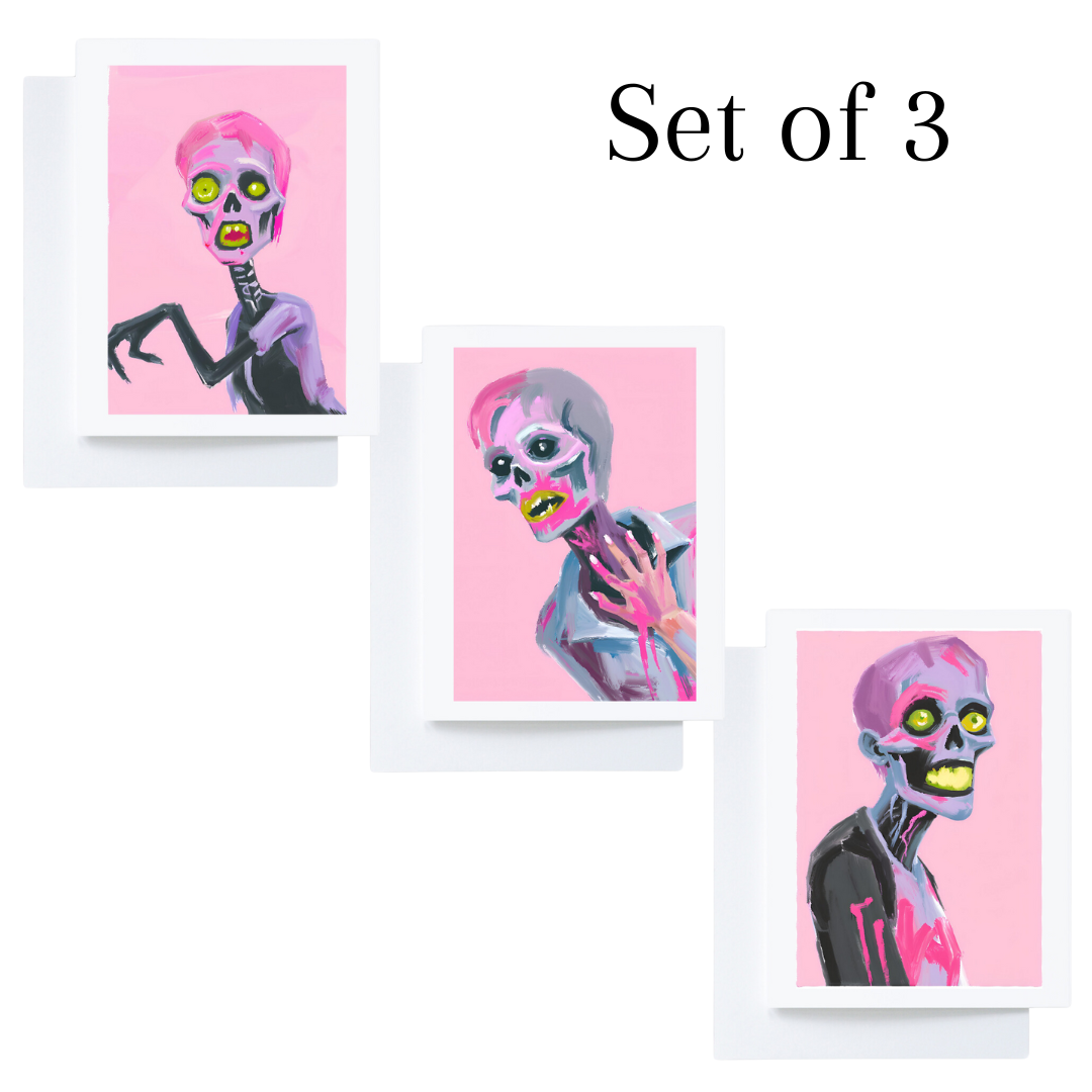 Set of 3 Bright Pink Zombie Greeting Cards