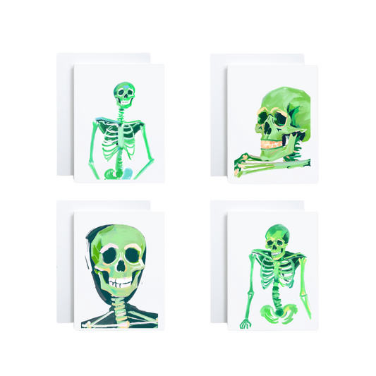 Set of 4  Bright Neon Green Skeleton Greeting Cards