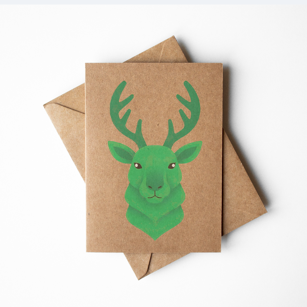 Set of 4 neon red, green, pink reindeer kraft paper Christmas Cards