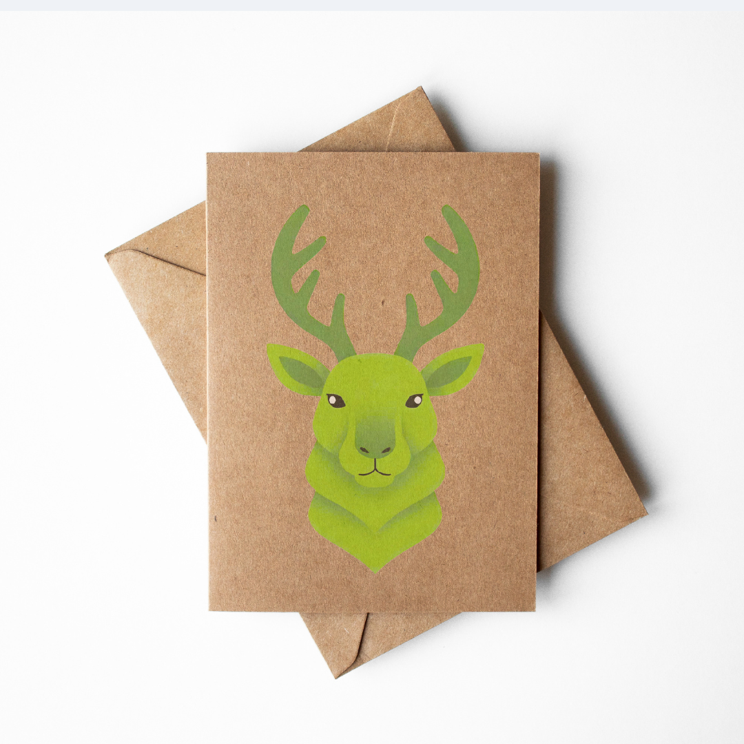 Set of 4 neon red, green, pink reindeer kraft paper Christmas Cards