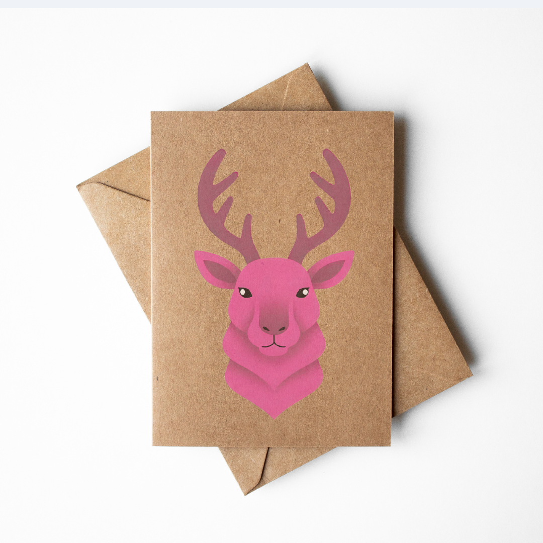 Set of 4 neon red, green, pink reindeer kraft paper Christmas Cards