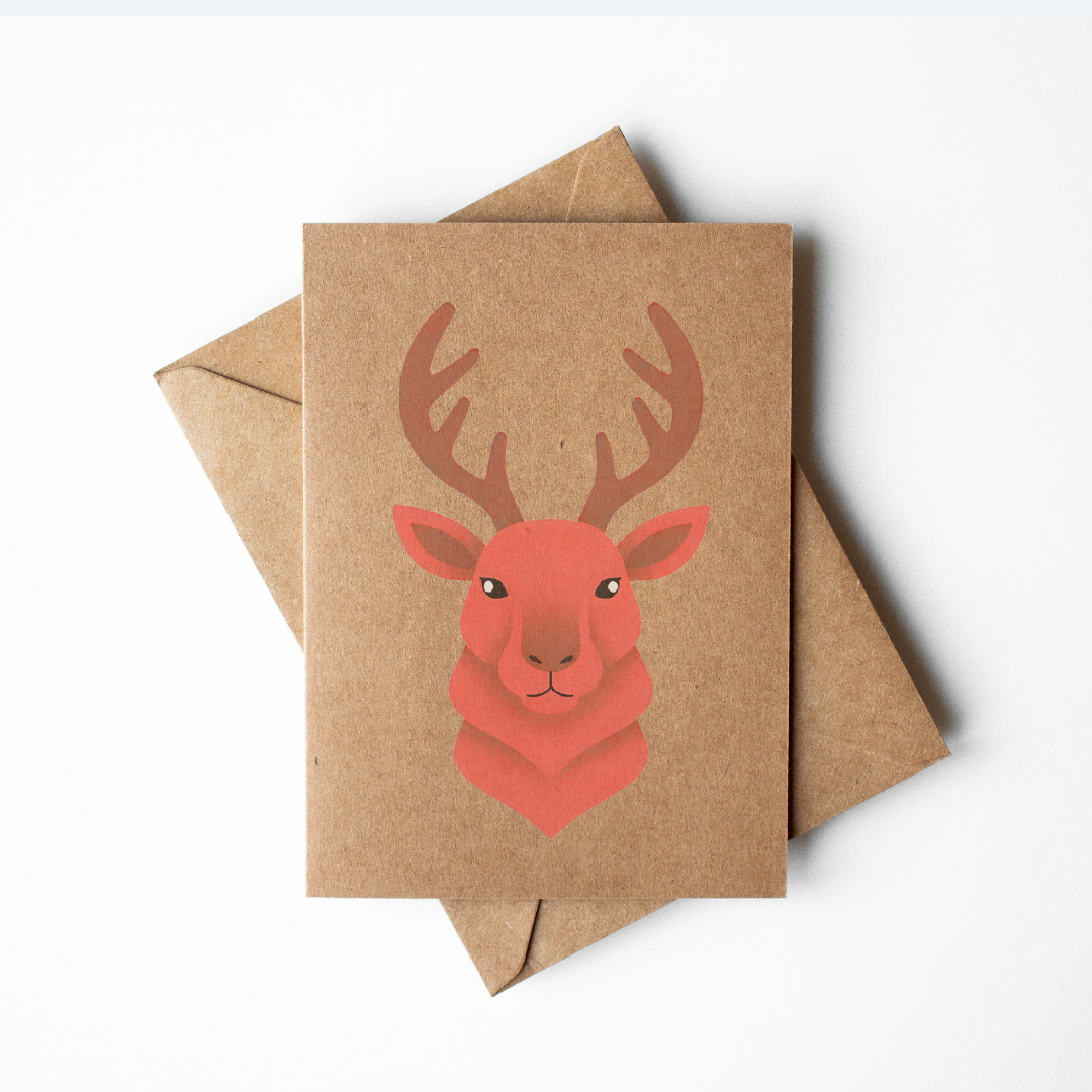 Set of 4 neon red, green, pink reindeer kraft paper Christmas Cards