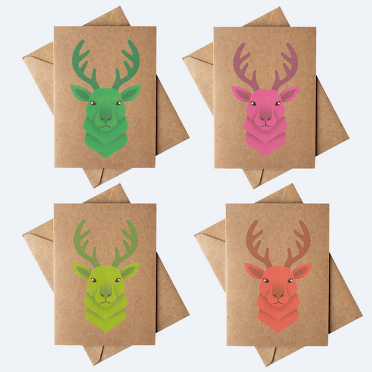 Set of 4 neon red, green, pink reindeer kraft paper Christmas Cards