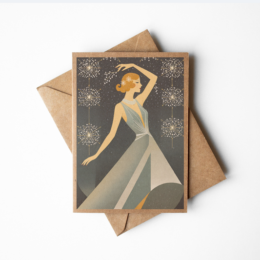 Brown Kraft Paper Vintage Art Deco Style Woman Snow Scene Christmas Card