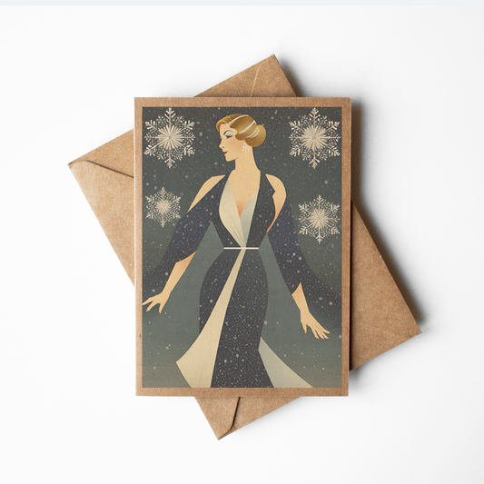 Brown Kraft Paper Vintage Art Deco Style Woman Snow Flakes Christmas Card
