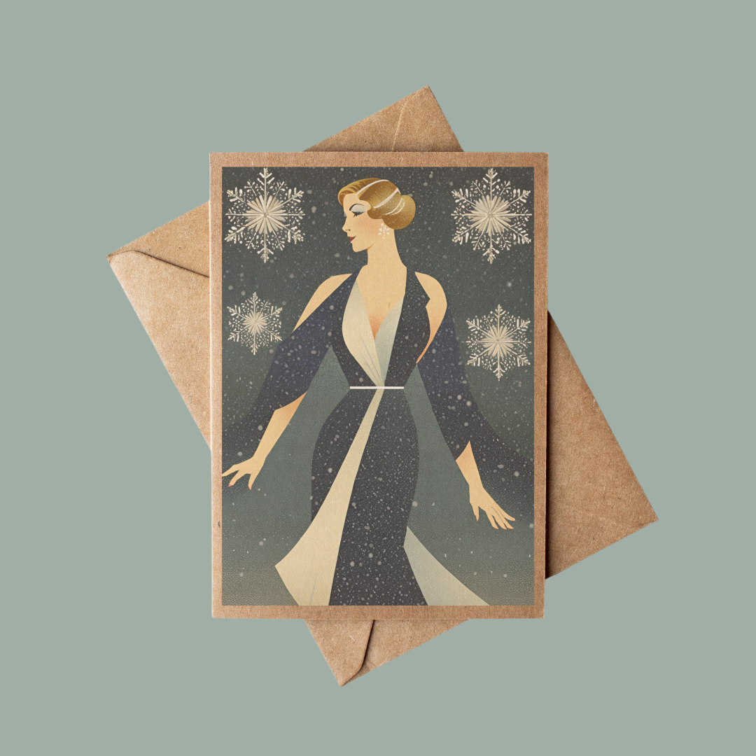 Brown Kraft Paper Vintage Art Deco Style Woman Snow Flakes Christmas Card