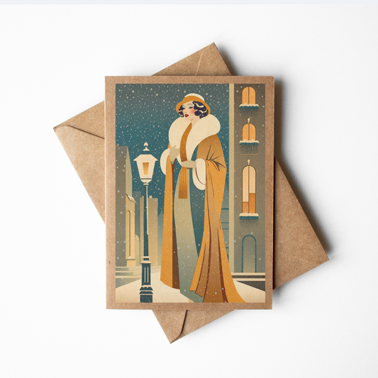 Brown Kraft Paper Vintage Art Deco Style Woman in the Snow Christmas Card