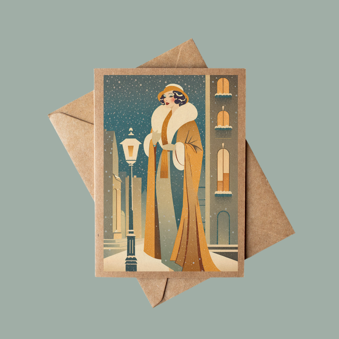 Brown Kraft Paper Vintage Art Deco Style Woman in the Snow Christmas Card