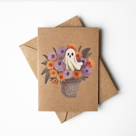 Rustic Brown Kraft Paper Cute Ghost in a Flower Pot Fall Halloween Card