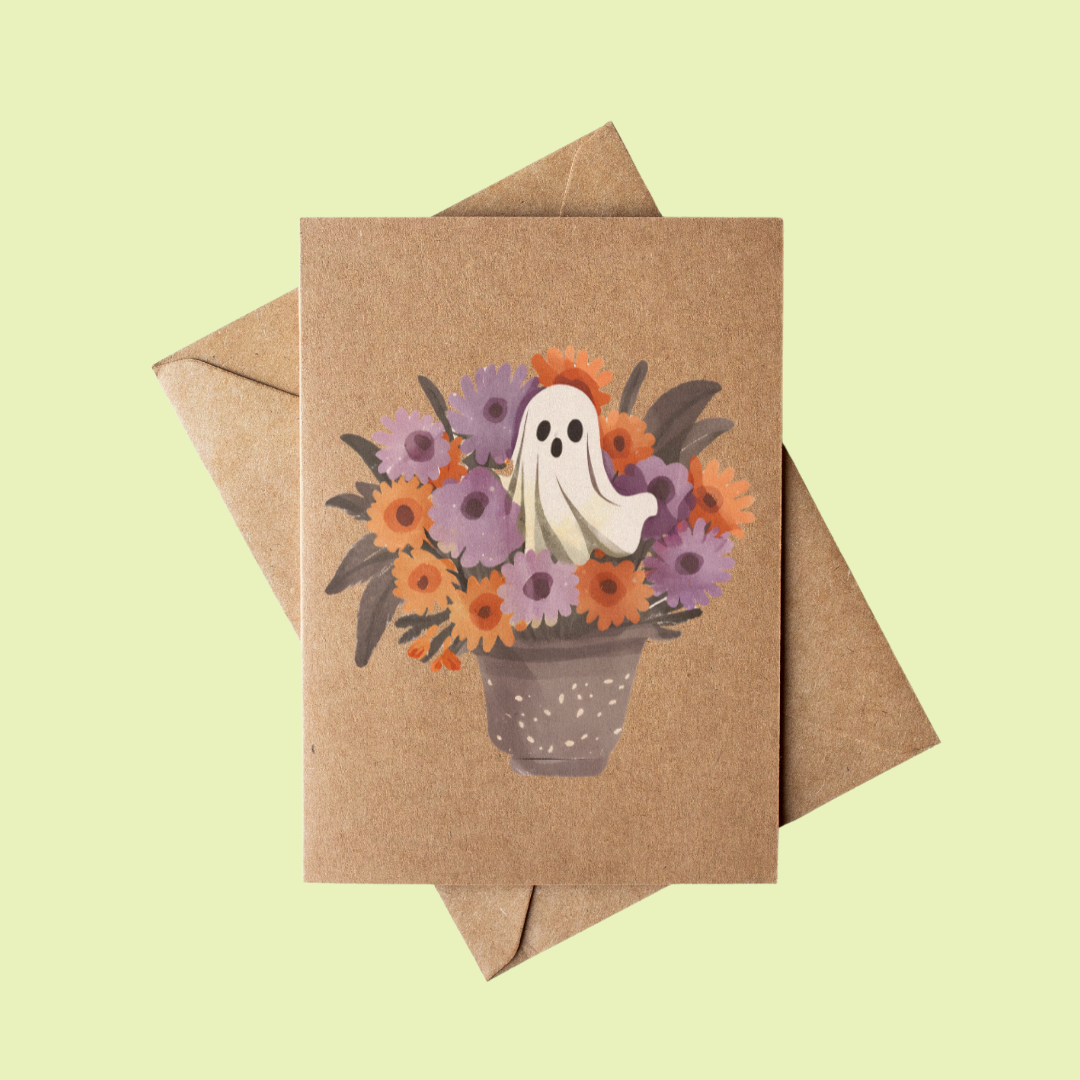Rustic Brown Kraft Paper Cute Ghost in a Flower Pot Fall Halloween Card