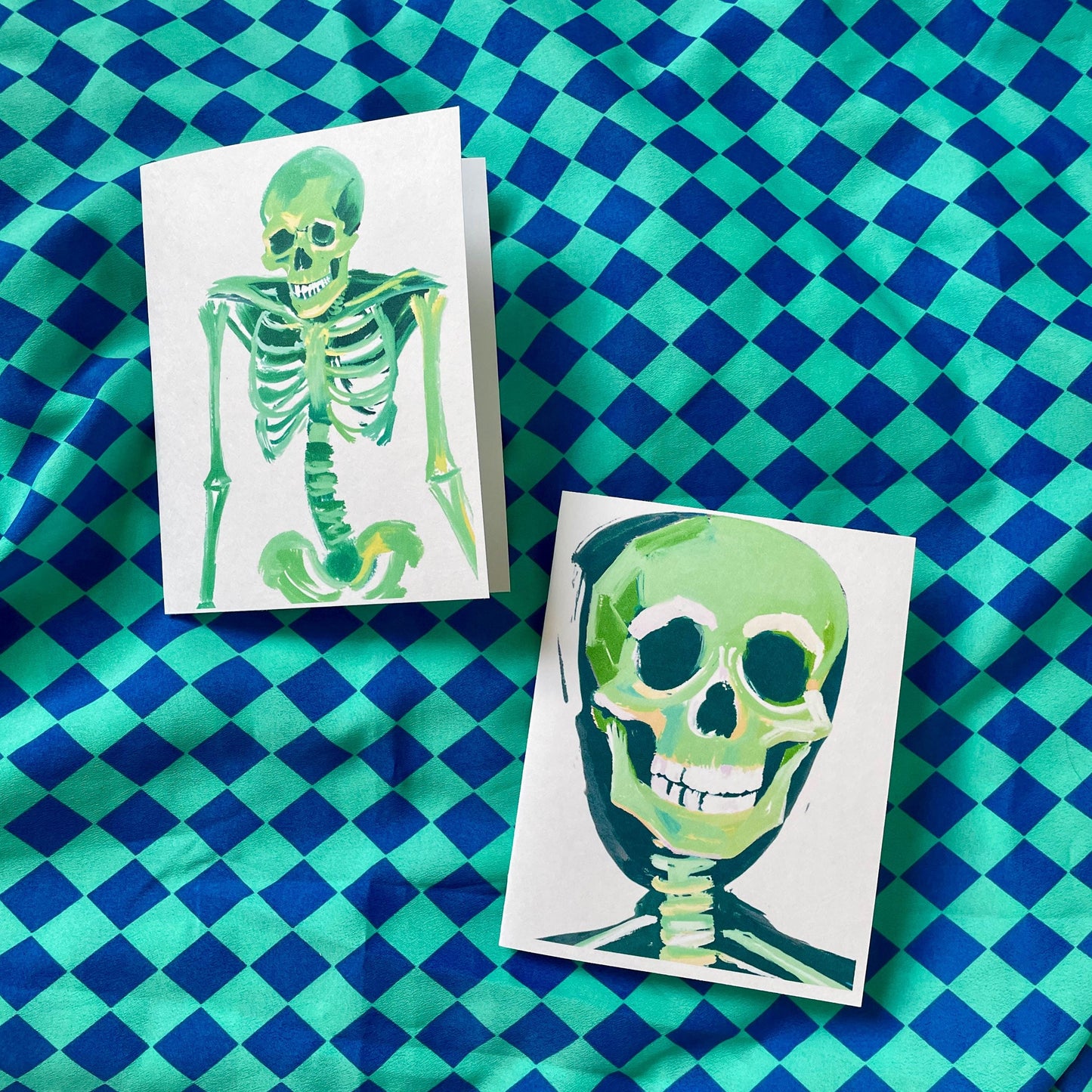 Set of 4  Bright Neon Green Skeleton Greeting Cards